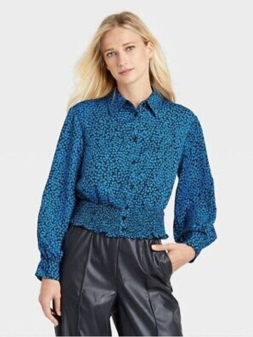 WHO WHAT WEAR Cerulean Blue Floral Buttondown Blouse size L